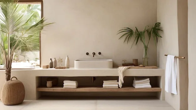 Salle de bain moderne avec murs en pierre et sol en bois, entourée de détails élégants et de couleurs naturelles apai...