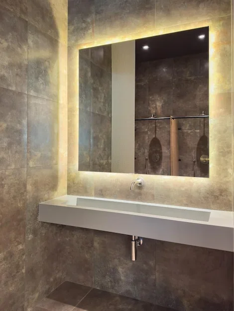 Éclairage de salle de bain moderne avec des spots encastrés et des bandes LED autour du miroir