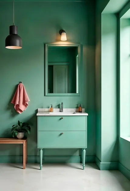 Panneaux de carrelage vert olive sur le mur d'une salle de bain moderne
