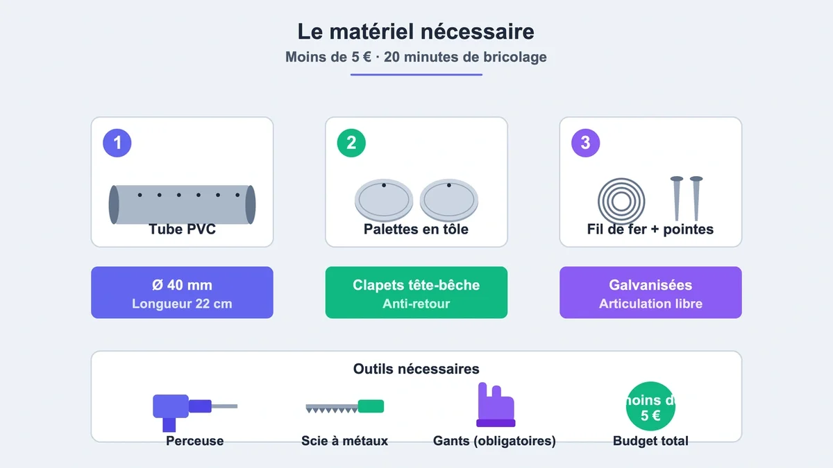 Schéma explicatif des éléments nécessaires à la construction d'un piège à taupe en PVC