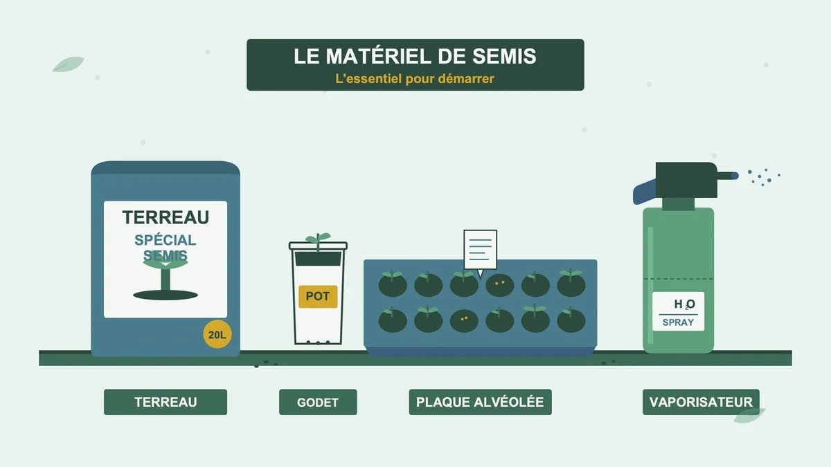 Contenants pour semis, sac de terreau et vaporisateur, agencés pour le démarrage des plantes