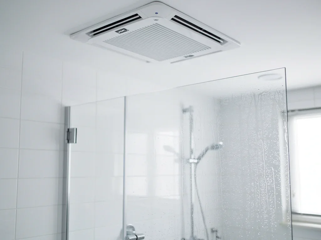Salle de bain moderne avec VMC, parois de douche humides et ambiance lumineuse et propre