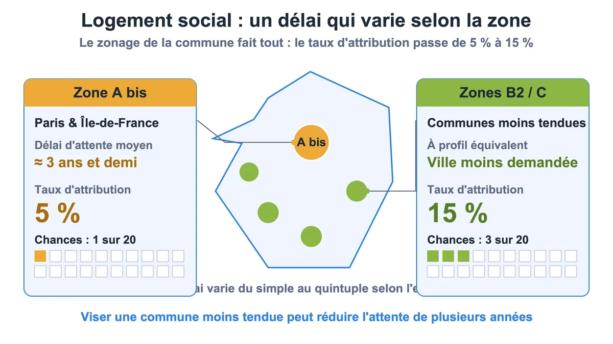 Carte de France stylisée montrant les délais d'attente pour le logement social par région