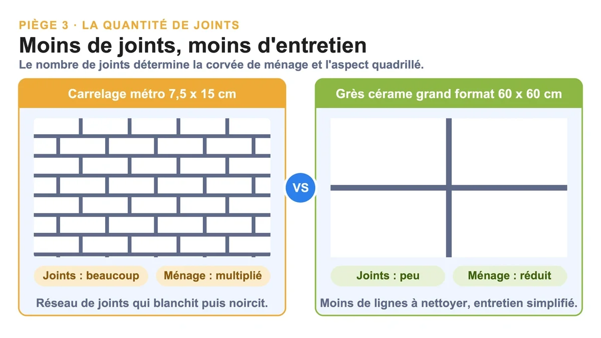 Comparaison visuelle entre carrelage à nombreux joints et grès cérame grand format sans joints