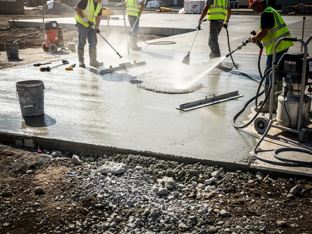 Ouvriers sur un chantier installant une allée en béton lavé avec des outils et du matériel de nettoyage