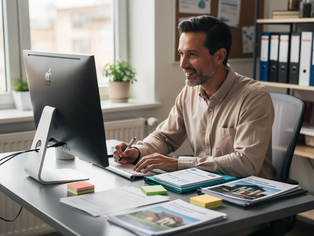Personne dans un bureau moderne soumettant une demande de logement social avec des documents autour d'elle