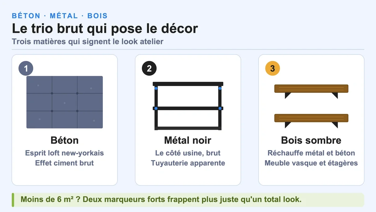 Schéma des matériaux du style industriel : béton, métal noir et bois sombre avec leurs caractéristiques