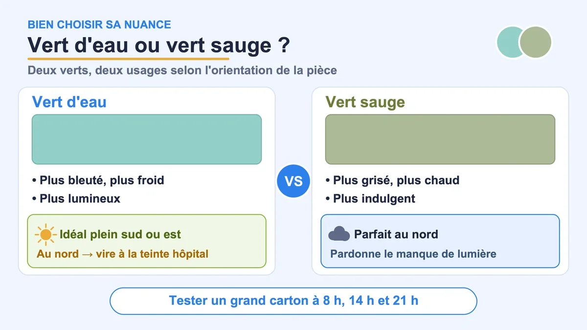 Échantillons de couleurs vert d'eau et vert sauge avec descriptions de leurs différences et utilisations
