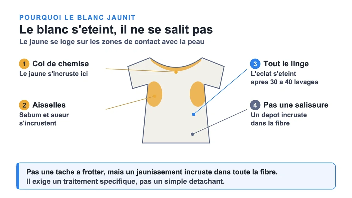Linge blanc présentant des zones jaunies qui montrent l'effet des lavages répétés