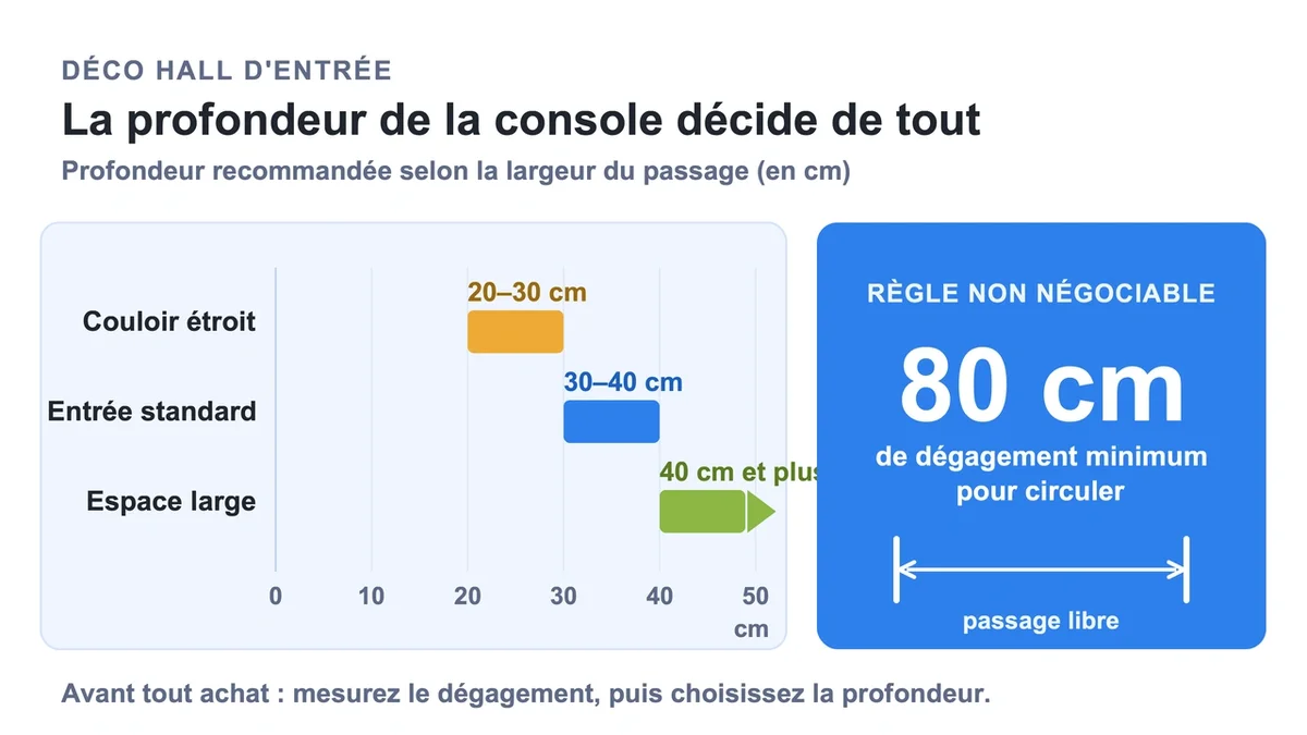 Schéma montrant les profondeurs de consoles et l'espace de circulation requis dans un hall d'entrée