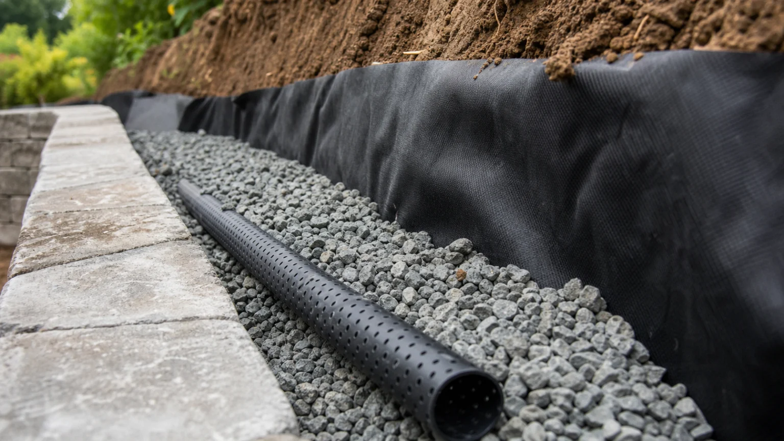 Drain et gravier drainant posés derrière un mur de soutènement en construction