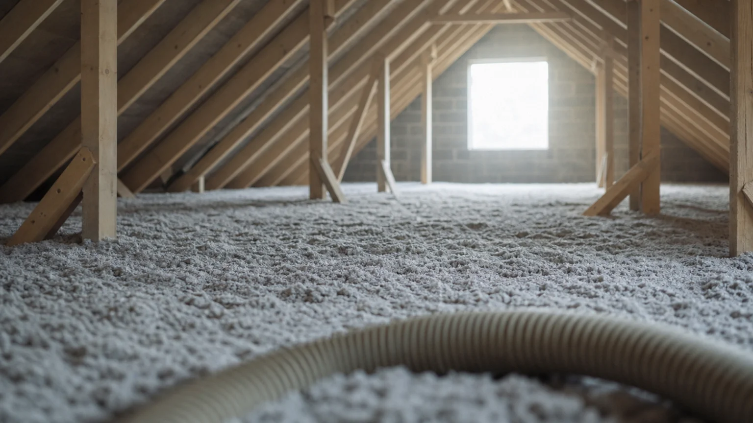 Flocons d'isolant soufflés formant un tapis continu sur le plancher d'un comble perdu