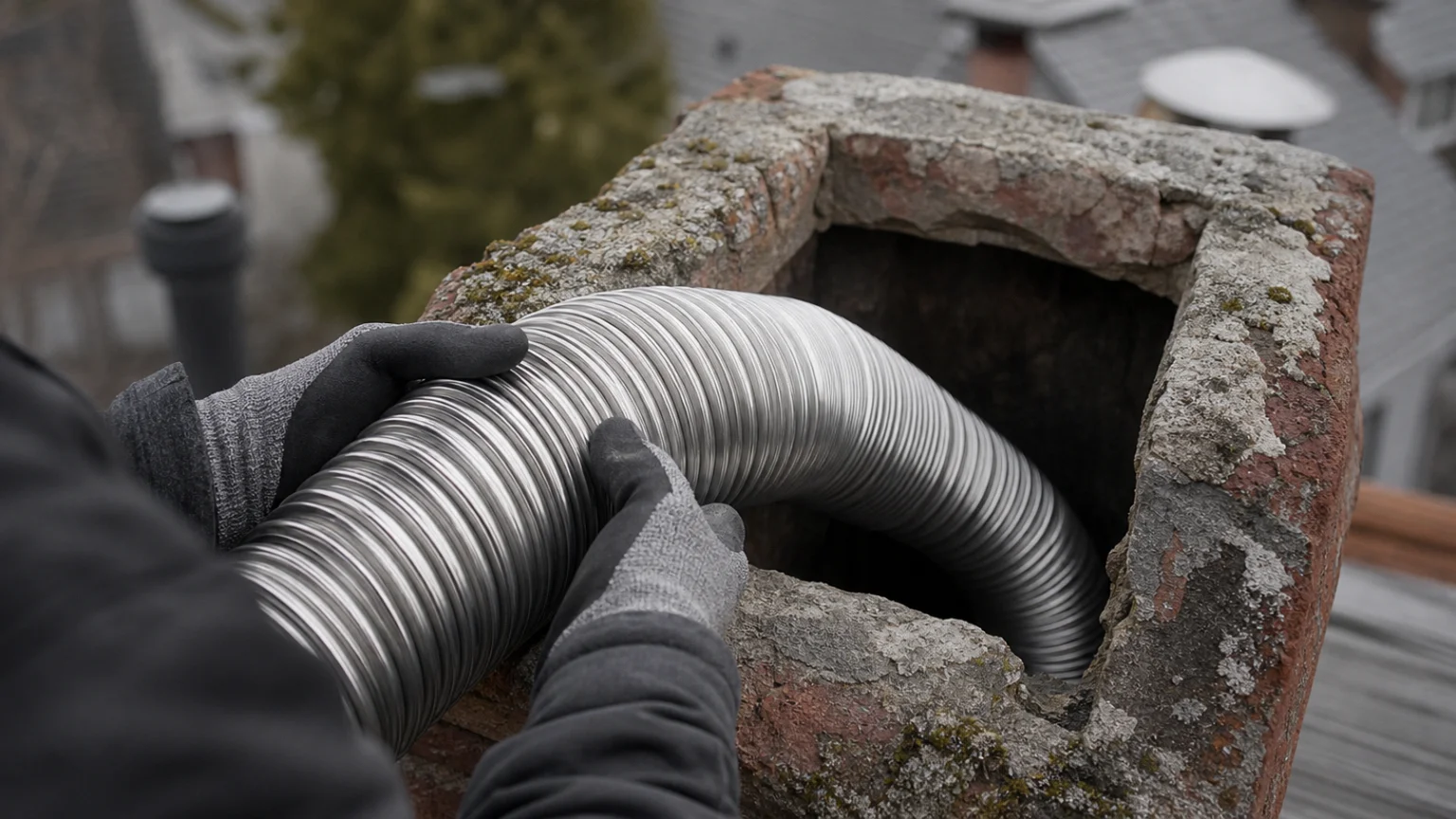 Tubage inox flexible engagé dans un conduit de cheminée maçonné