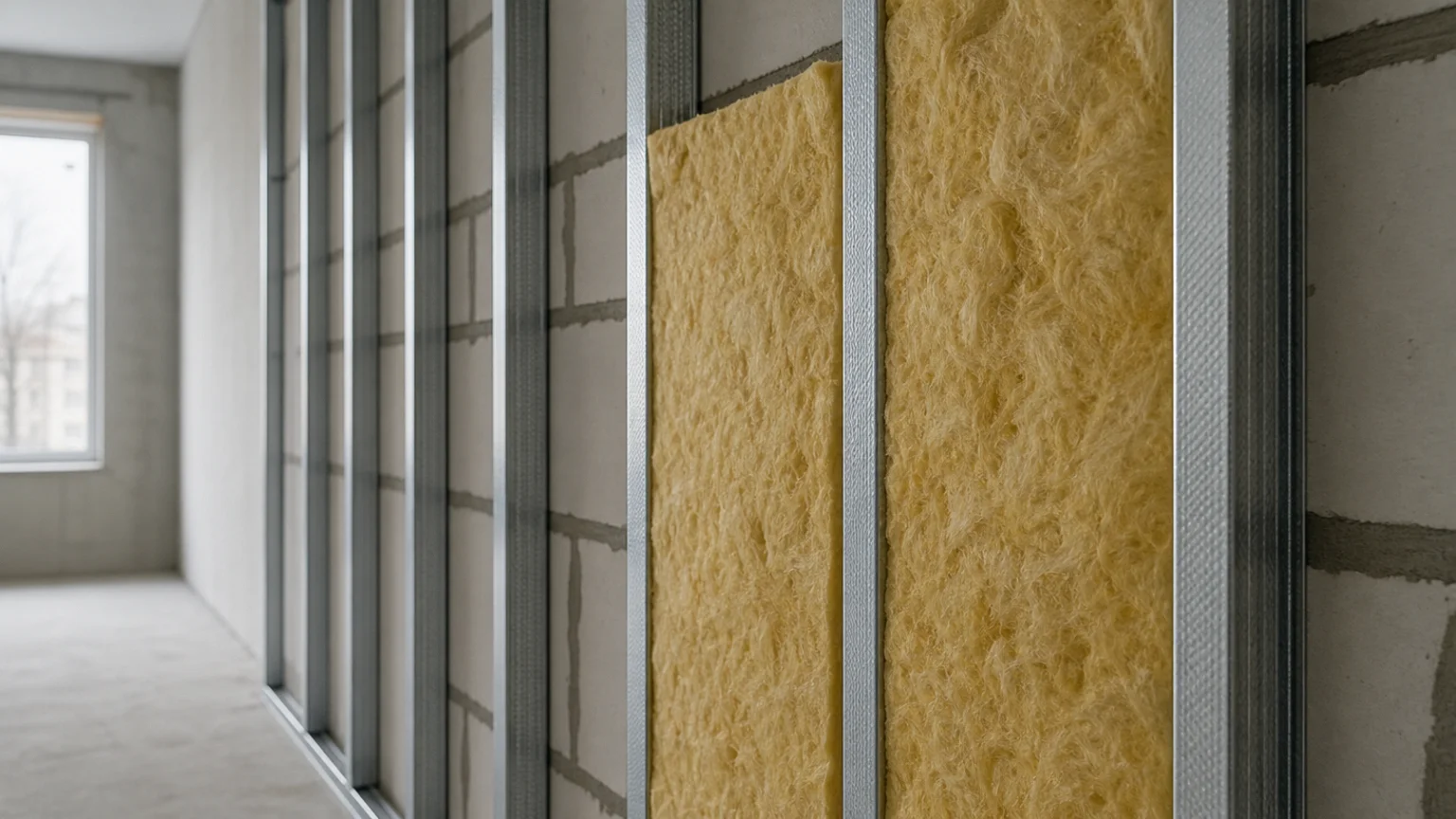 Ossature métallique posée sur un mur intérieur avec laine minérale entre les montants