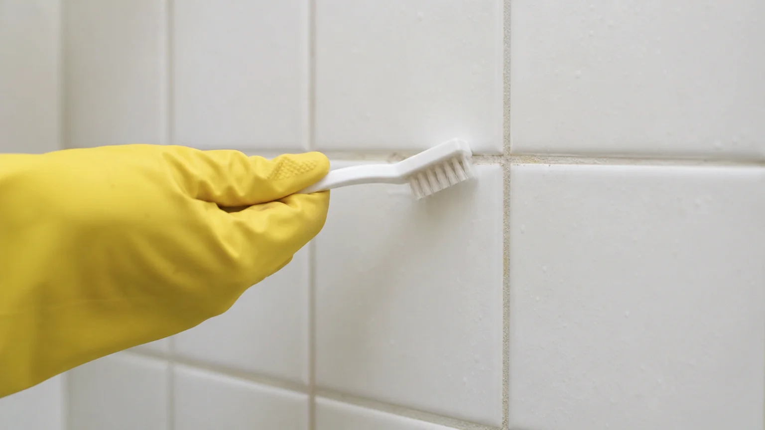Brossage des joints de carrelage d'une salle de bain avec une petite brosse