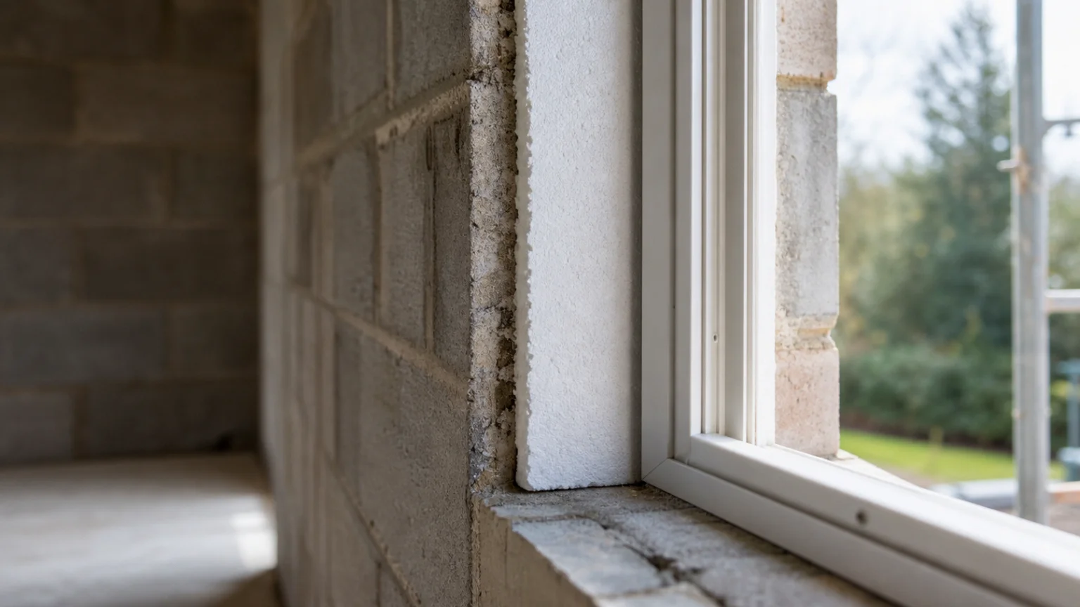 Retour d'isolant posé dans le tableau d'une fenêtre en cours de rénovation