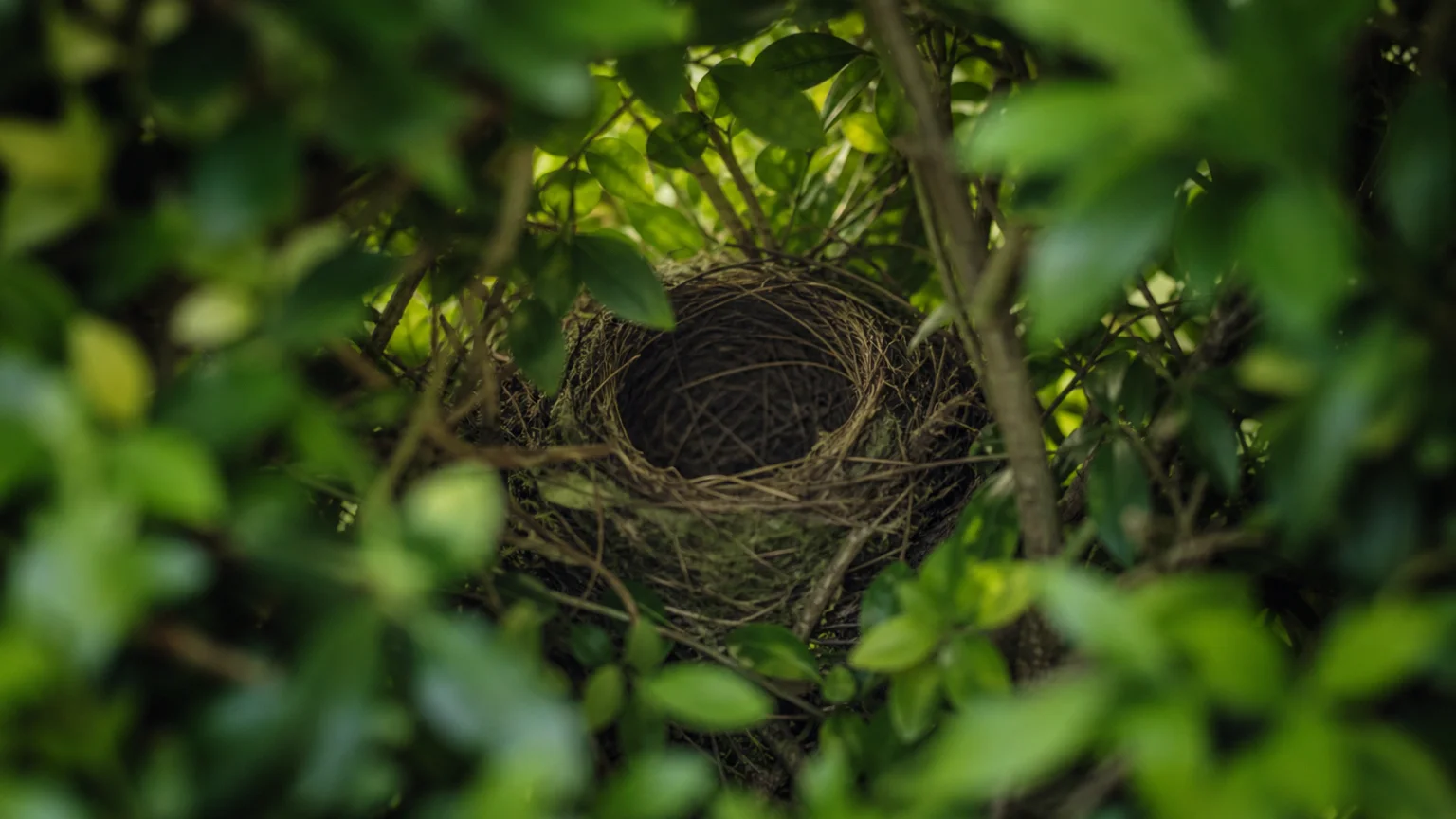 Nid d'oiseau dissimulé au cœur du feuillage dense d'une haie