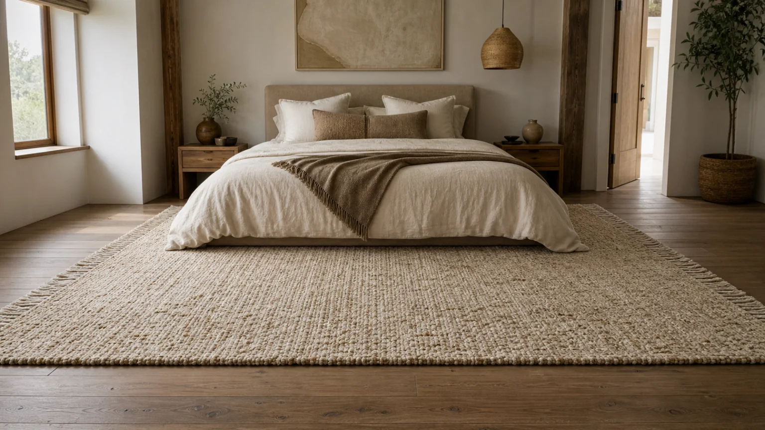 Grand tapis glissé sous les deux tiers inférieurs du lit avec un large débord
