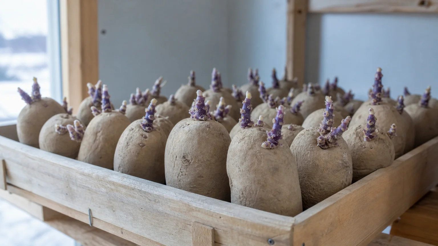Plants de pomme de terre en clayette avec de courts germes trapus