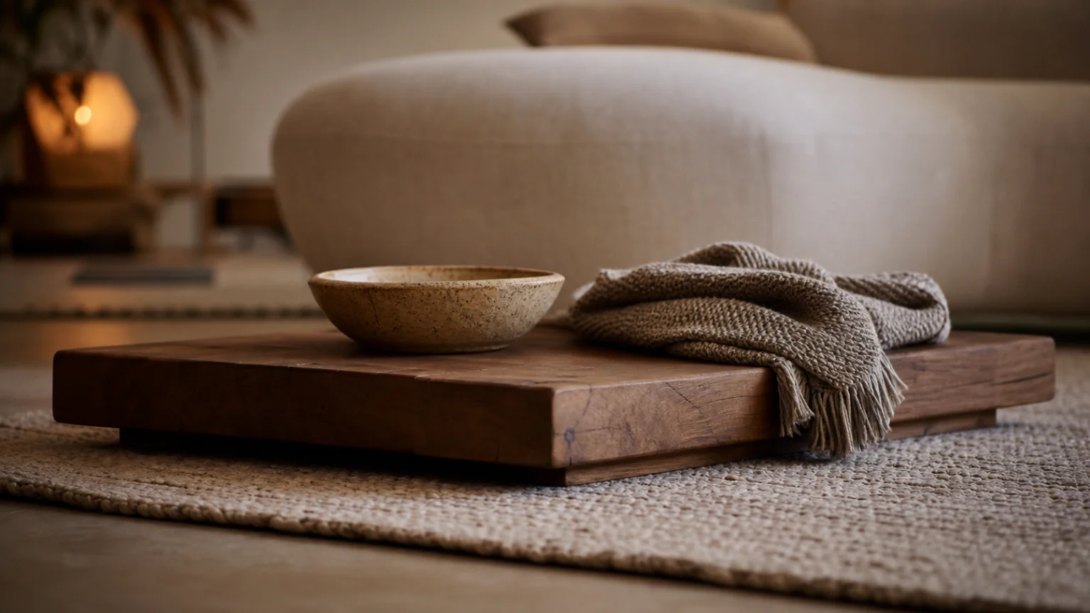 Table basse surbaissée en bois massif posée sur un tapis de laine