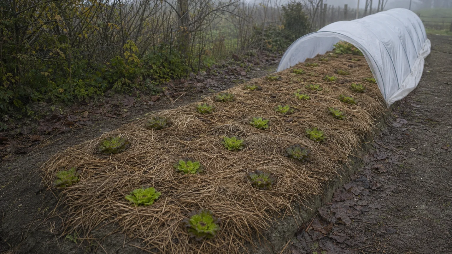 Planche de légumes d'hiver paillée et protégée par un tunnel bas