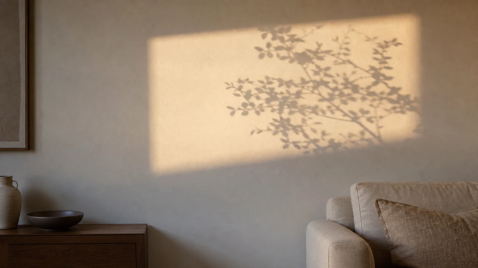 Même teinte de mur lue chaude au soleil et froide à l'ombre dans un salon