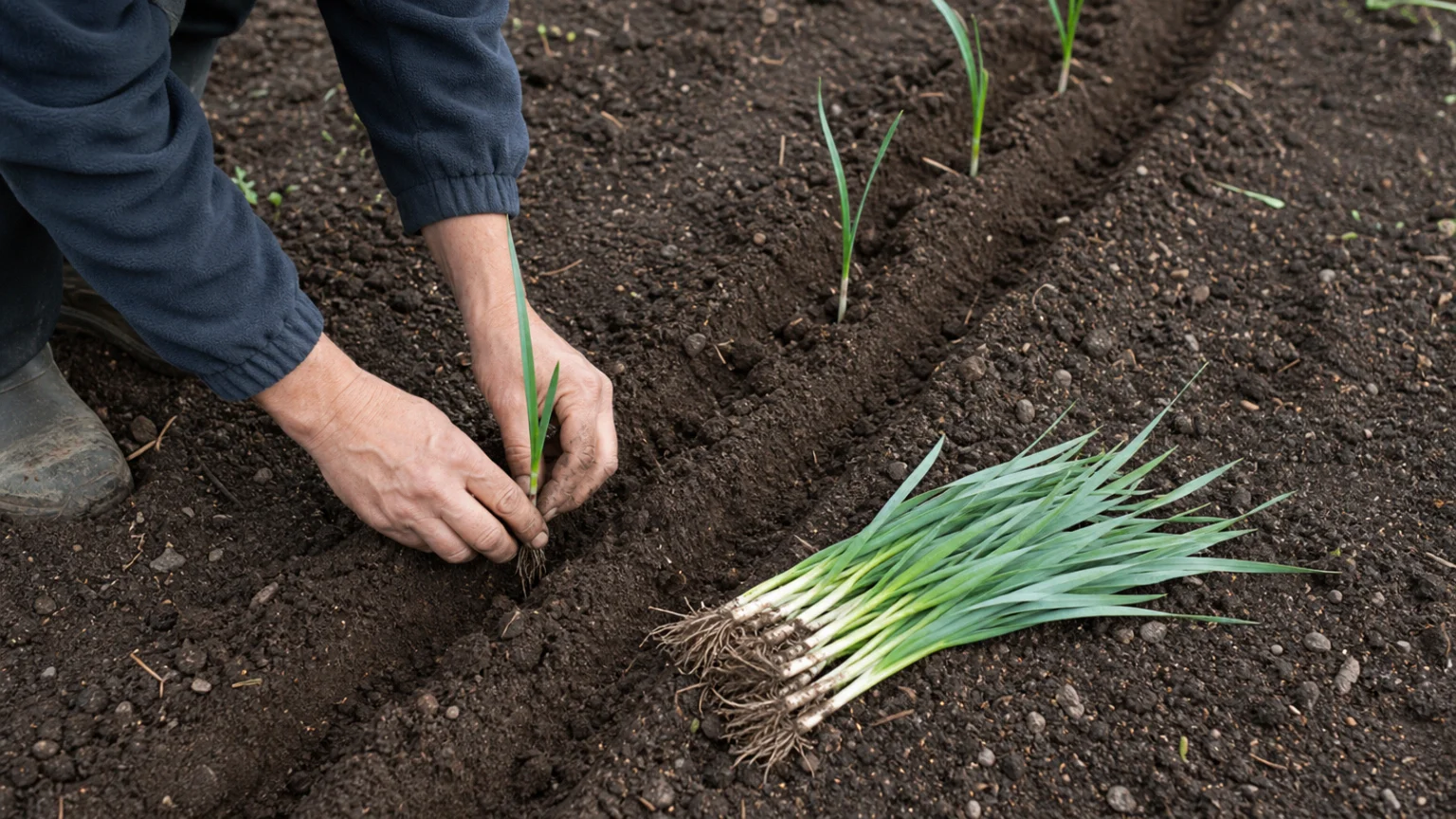 Repiquage d'un jeune plant de poireau dans une planche de potager