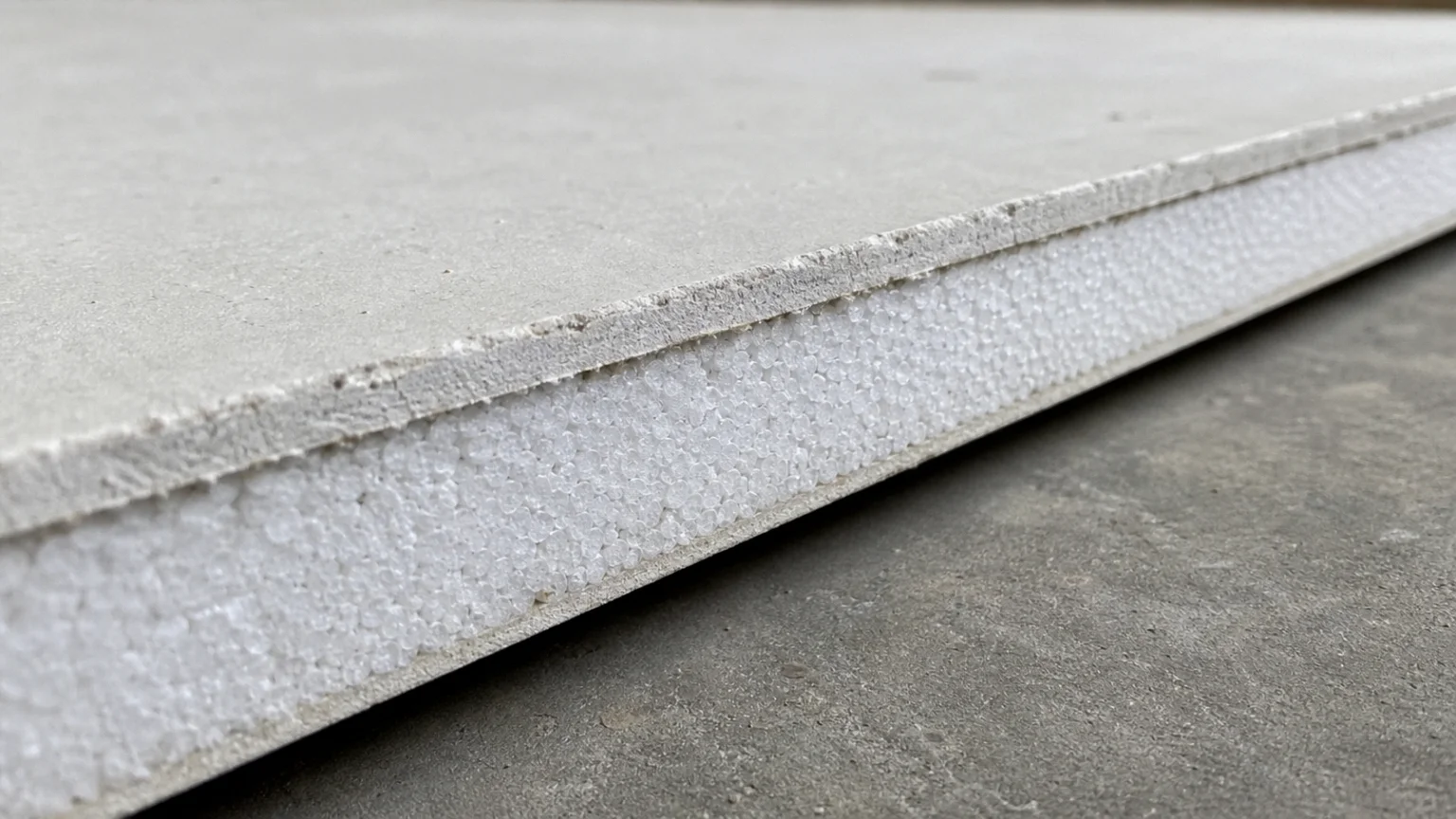 Tranche d'un complexe de doublage montrant la plaque de plâtre collée sur le polystyrène