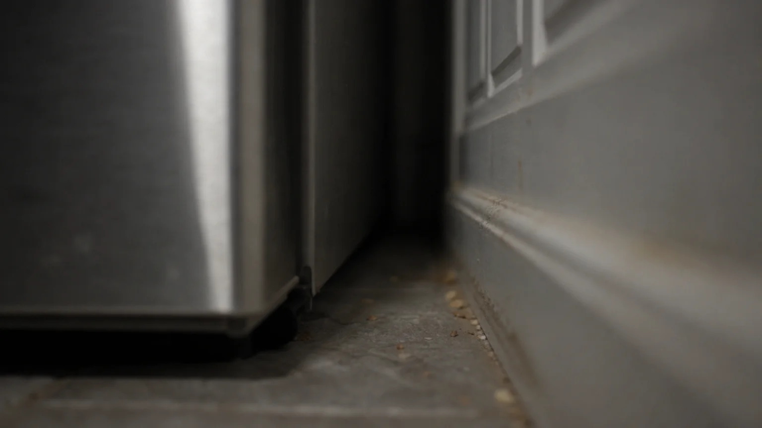 Interstice sombre entre un réfrigérateur et un meuble de cuisine, zone de refuge des blattes germaniques