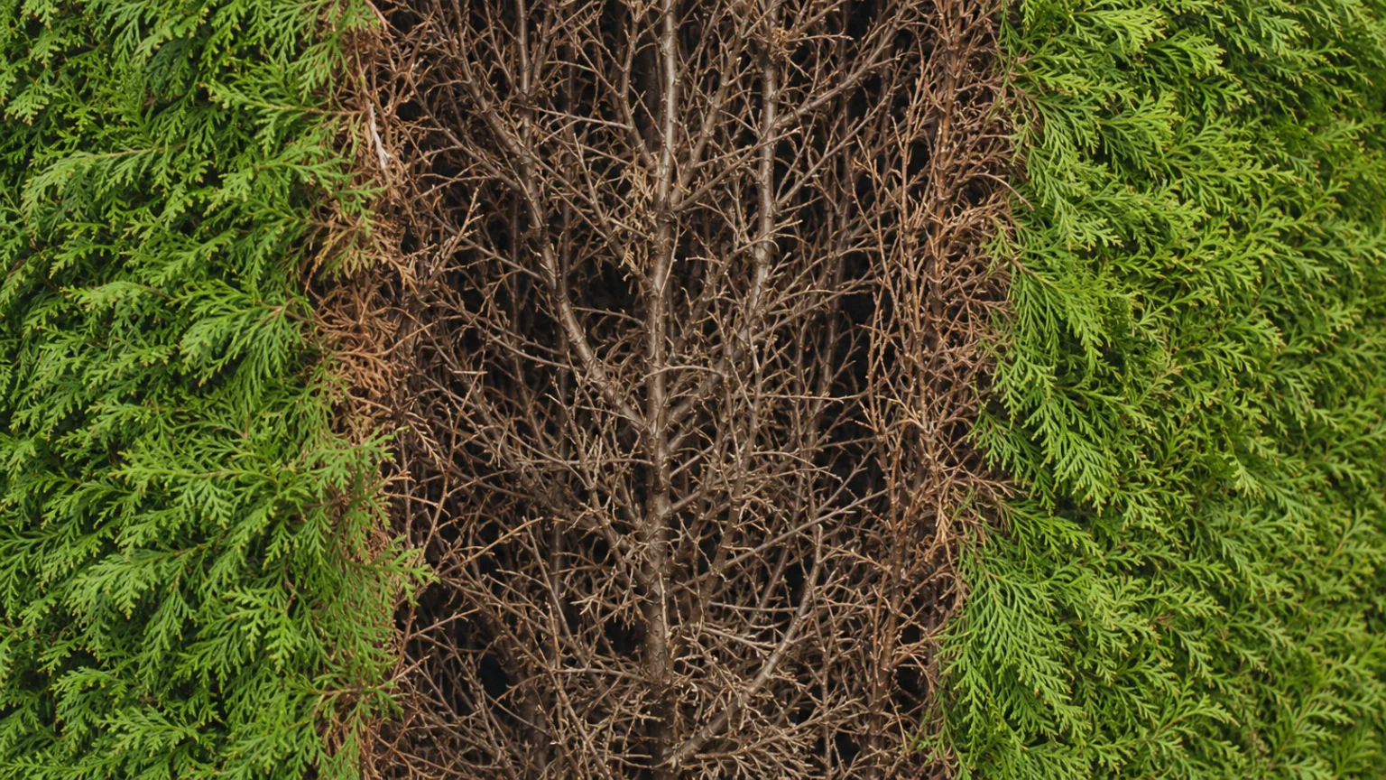 Coupe latérale d'une haie de thuyas montrant le feuillage vert et le bois sec intérieur