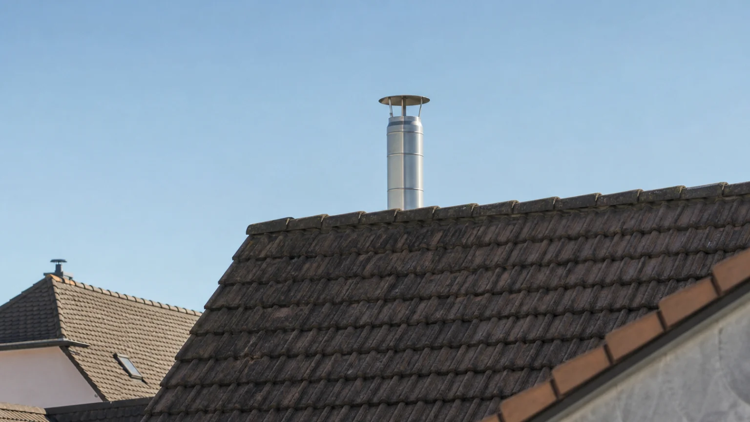 Sortie de toit inox dépassant le faîtage d'une toiture en tuiles