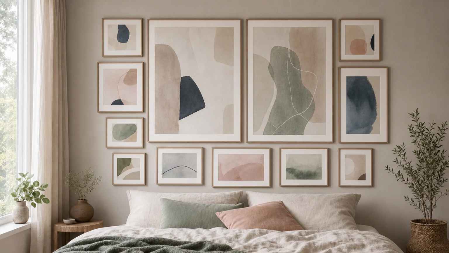 Mur de cadres aux formats volontairement contrastés au-dessus d'un lit