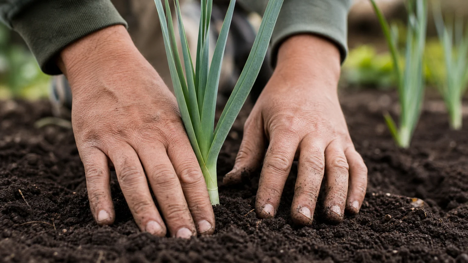 Mains plaquant la terre autour d'un jeune plant de poireau