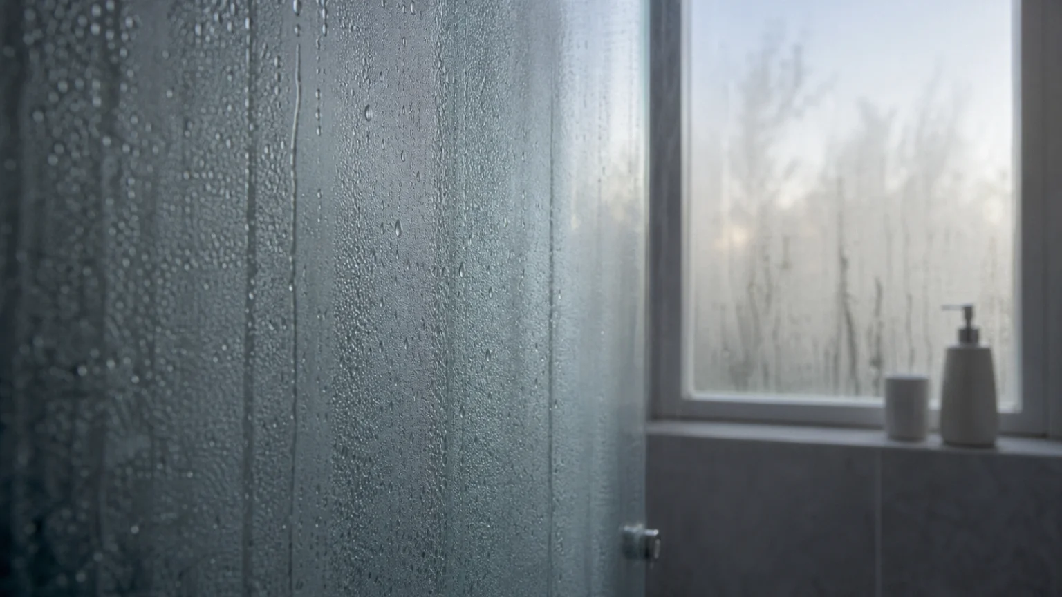 Condensation sur une paroi froide et une vitre de salle de bain après une douche
