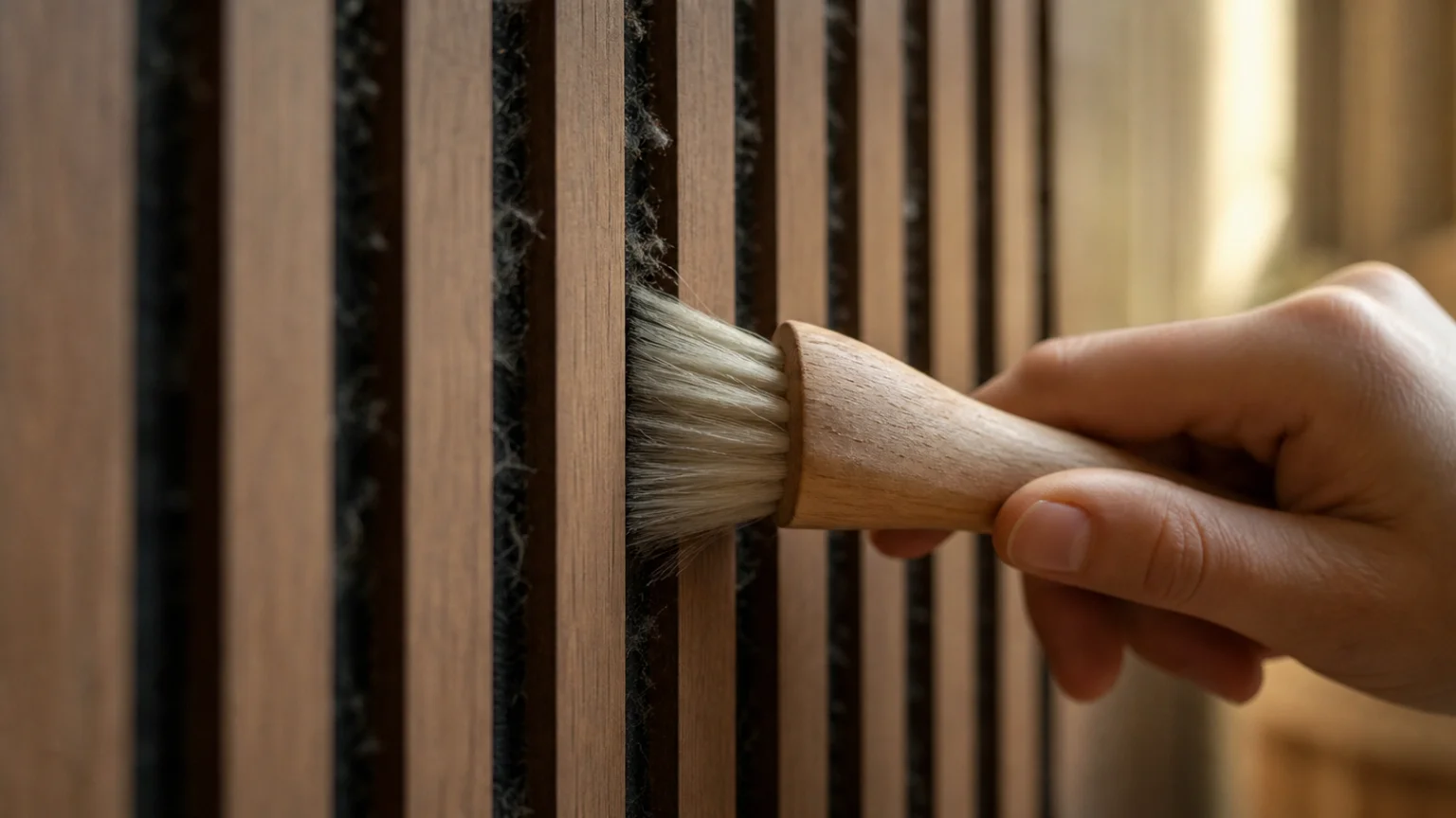 Brosse douce passée entre les lames d'un panneau bois pour retirer la poussière