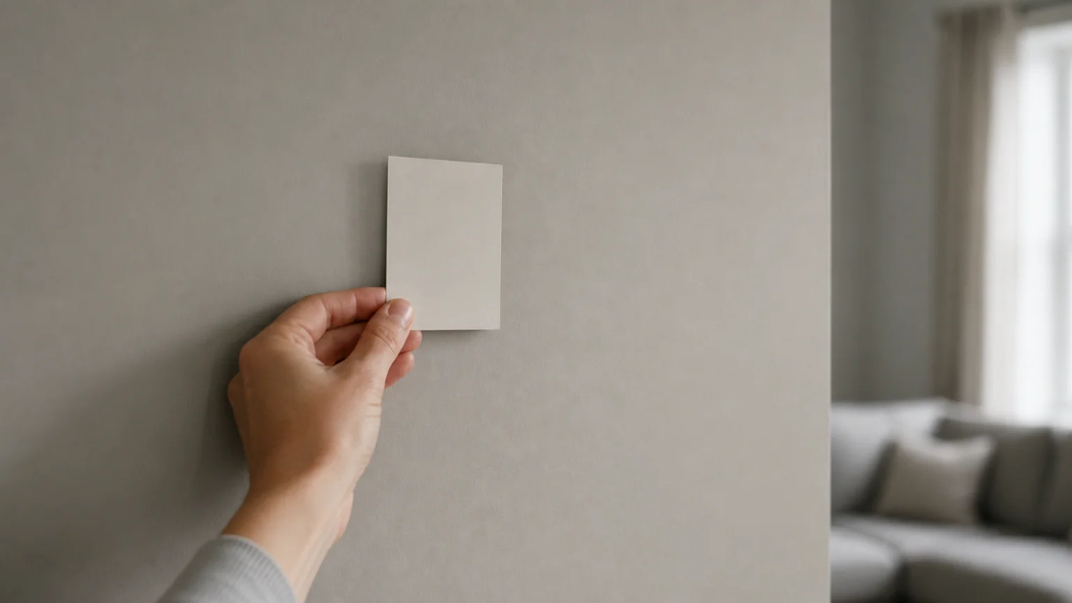 Petite pastille de nuancier confrontée à la teinte réelle d'un grand mur peint
