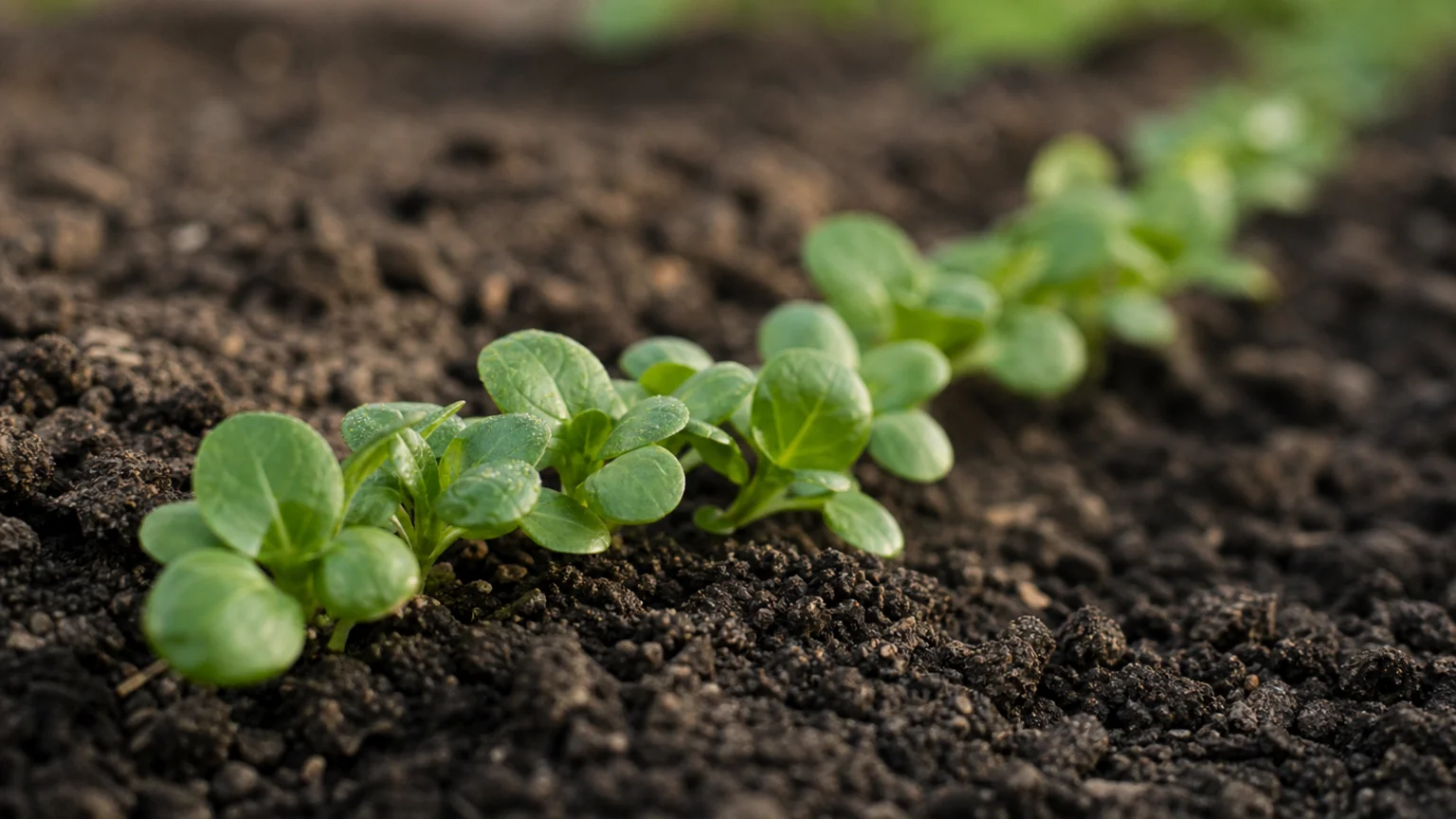 Jeunes plants d'épinard d'hiver levés en ligne dans une terre fine