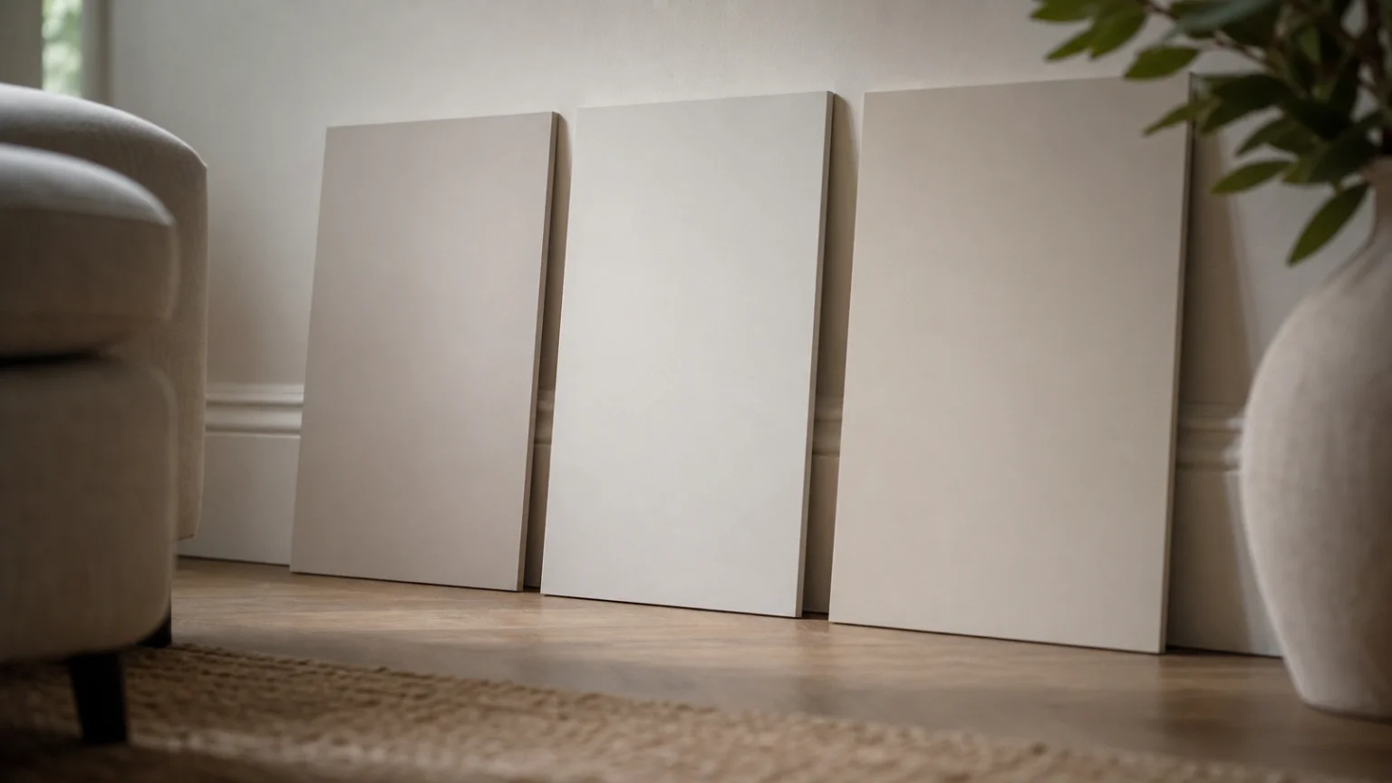 Trois plaques d'essai peintes posées contre un mur de séjour pour comparer les teintes
