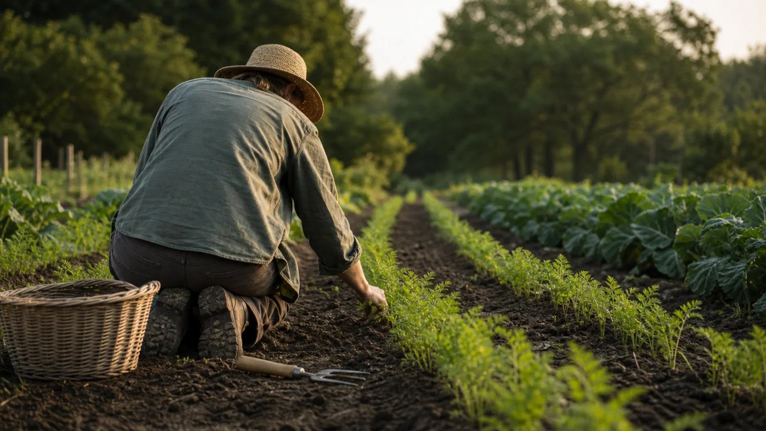 Jardinier éclaircissant un rang de jeunes carottes au potager