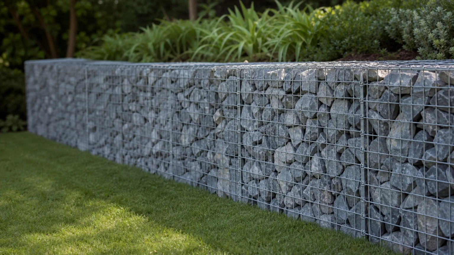 Mur de soutènement en gabions retenant un niveau de terre dans un jardin