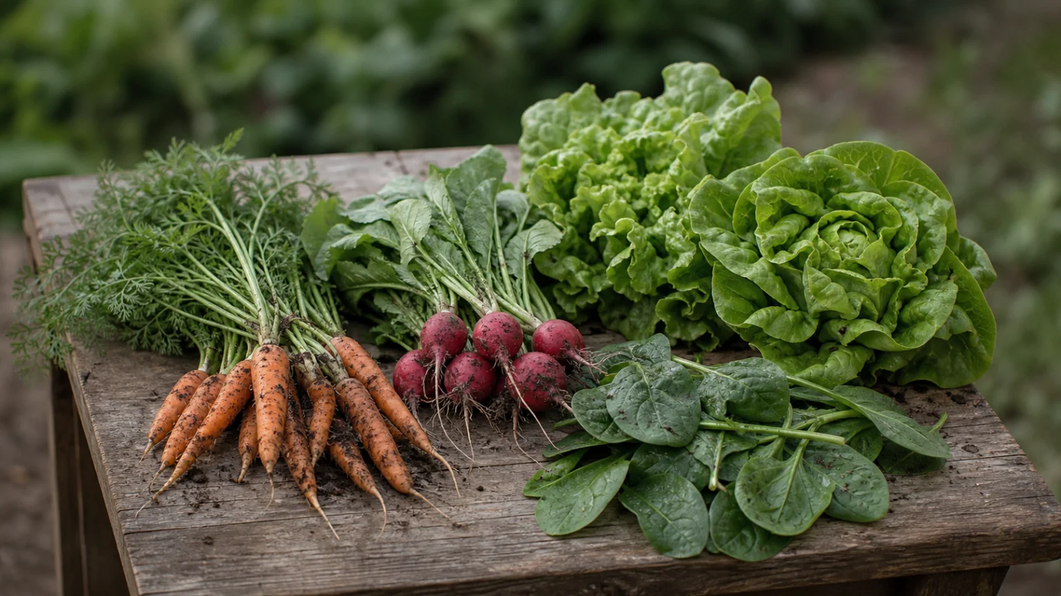 Carottes et radis fraîchement récoltés à côté de salades et d'épinards