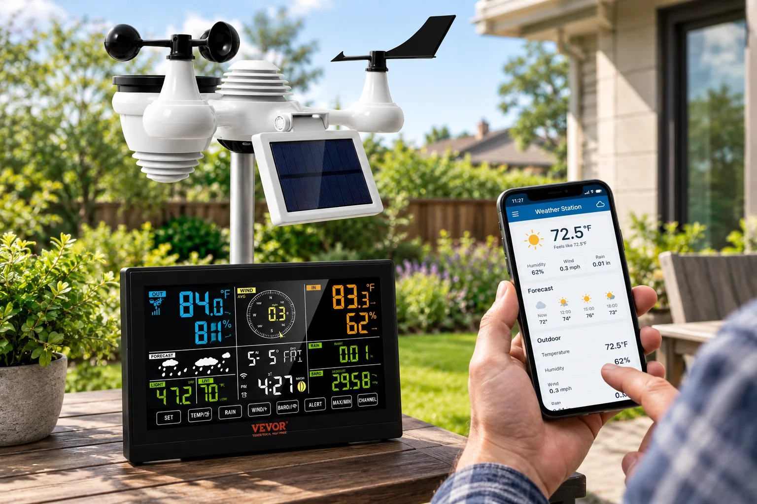 Station météo sans fil au jardin avec sa console d'affichage et l'application sur smartphone